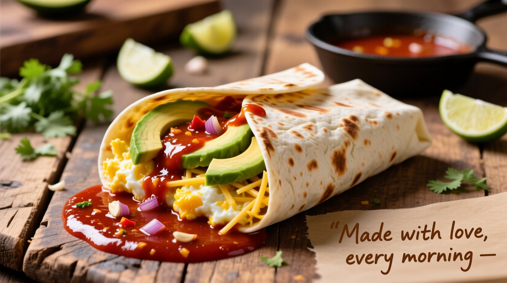 Homemade enchilada sauce used in breakfast burrito with eggs and avocado