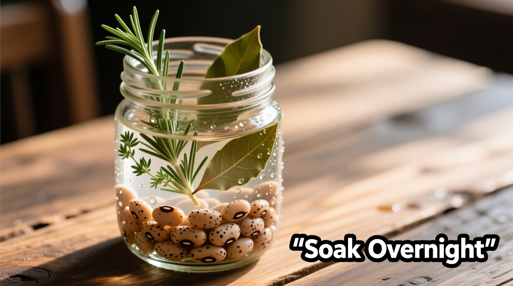 Pinto beans soaking in glass jar with herbs