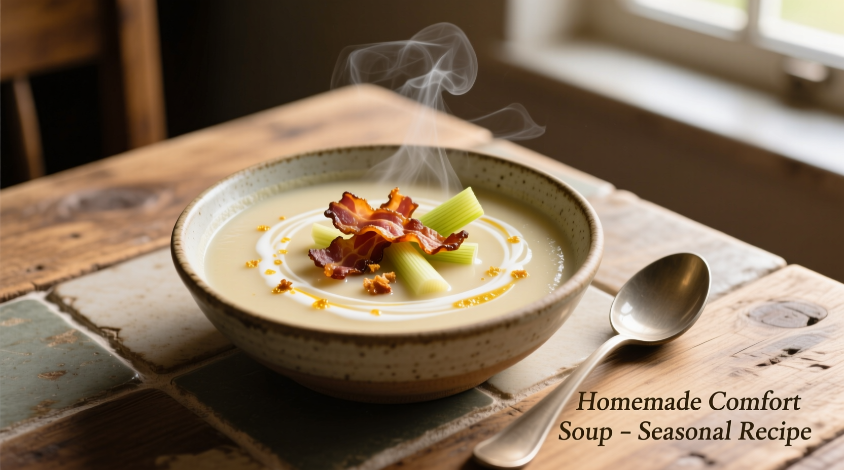 Creamy potato leek soup with bacon garnish