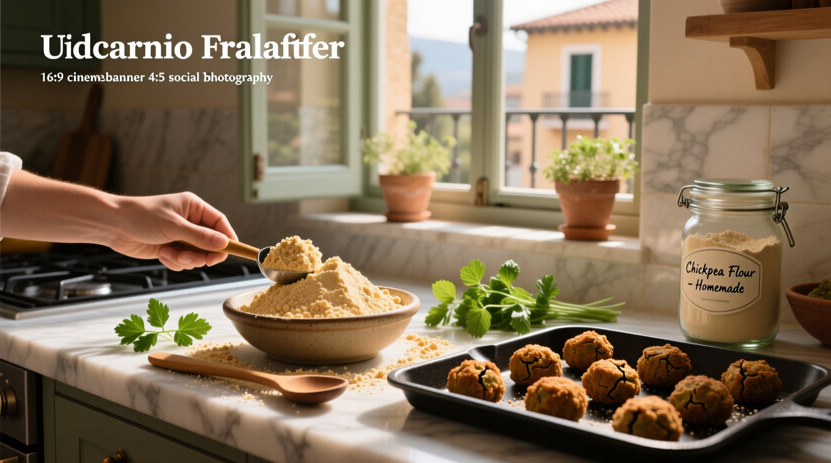 Golden baked falafel made with chickpea flour served on a wooden board with tahini sauce