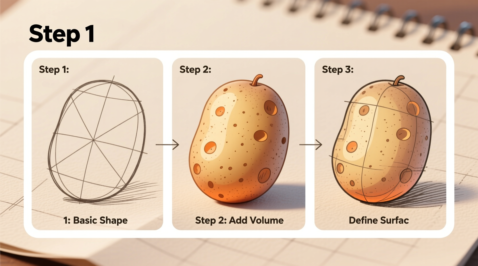 Step-by-step potato drawing tutorial showing basic shapes