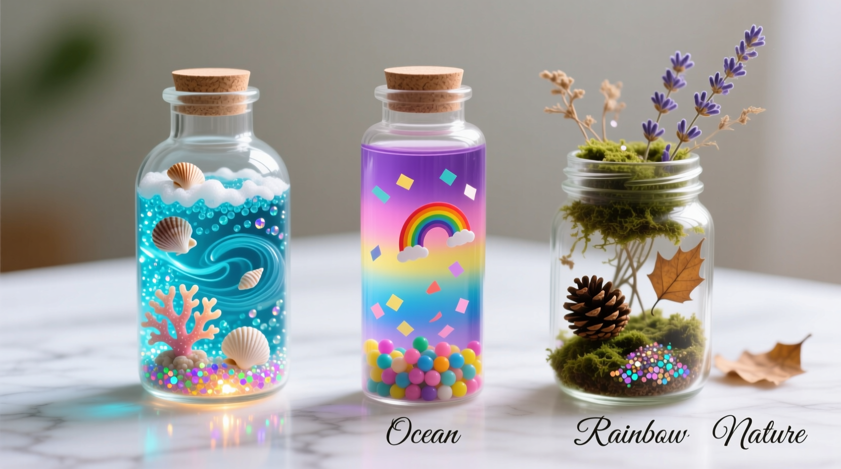 Three sensory bottles showing ocean, rainbow, and nature themes