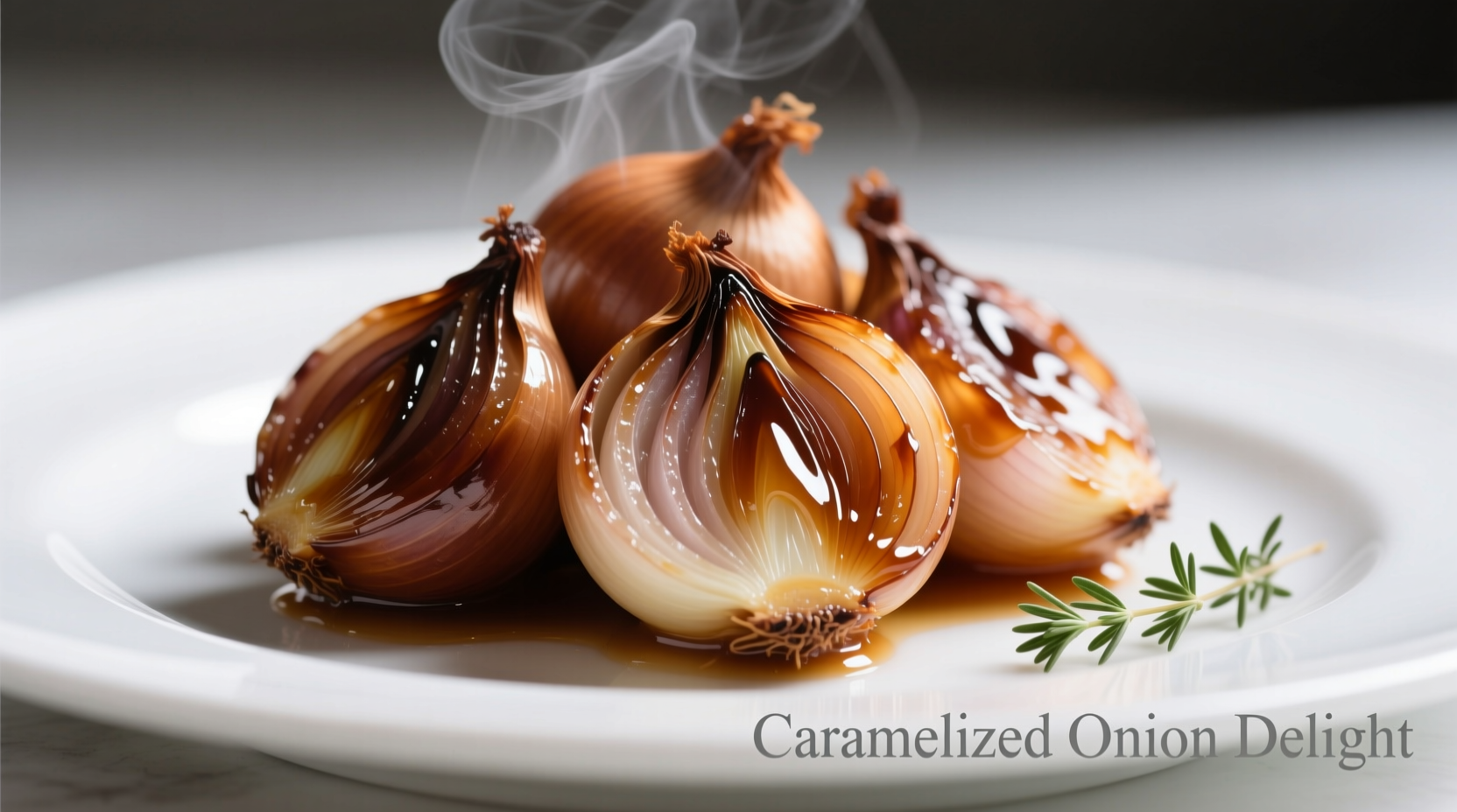 Perfectly caramelized baked onions on a white plate