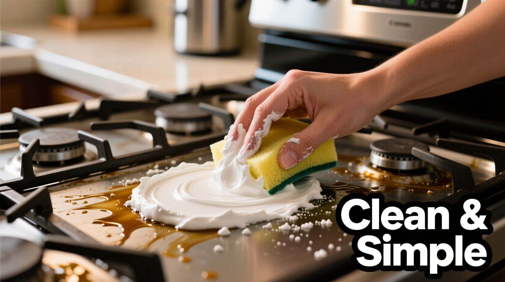 Applying baking soda paste to a greasy stovetop for cleaning