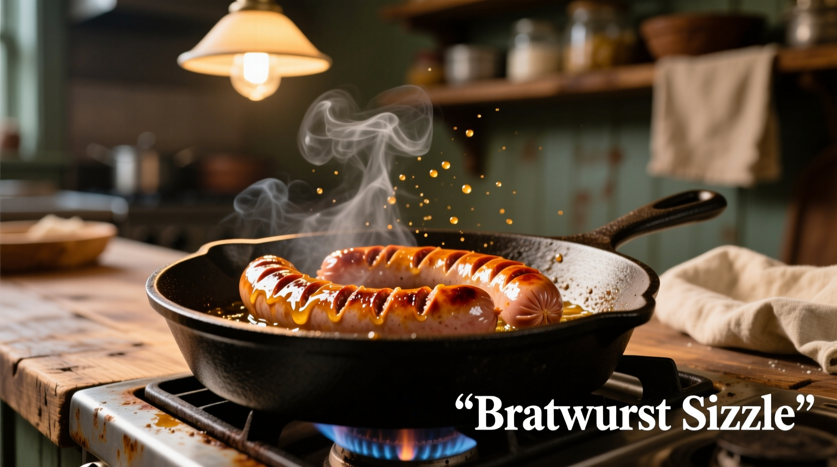 Bratwurst searing in cast iron skillet