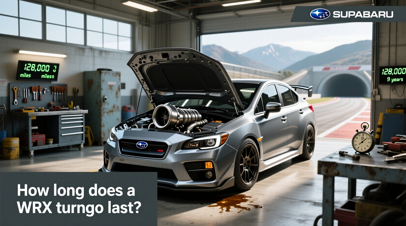 Turbo assembly on a Subaru WRX engine showing compressor inlet and oil feed line