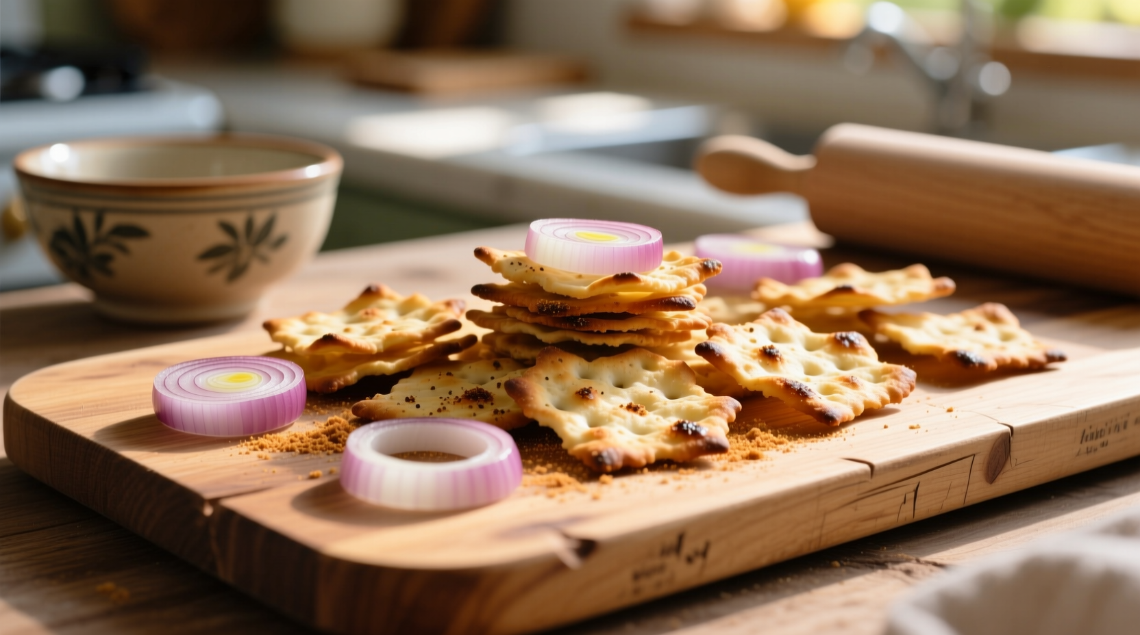 Homemade onion crackers on wooden board