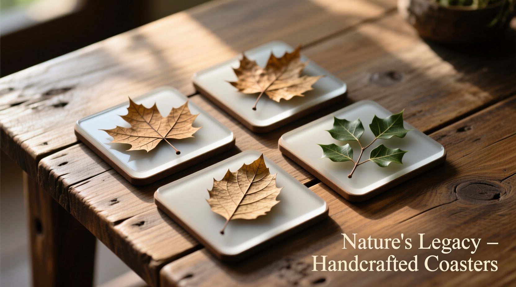 Finished set of four preserved leaf coasters on rustic table