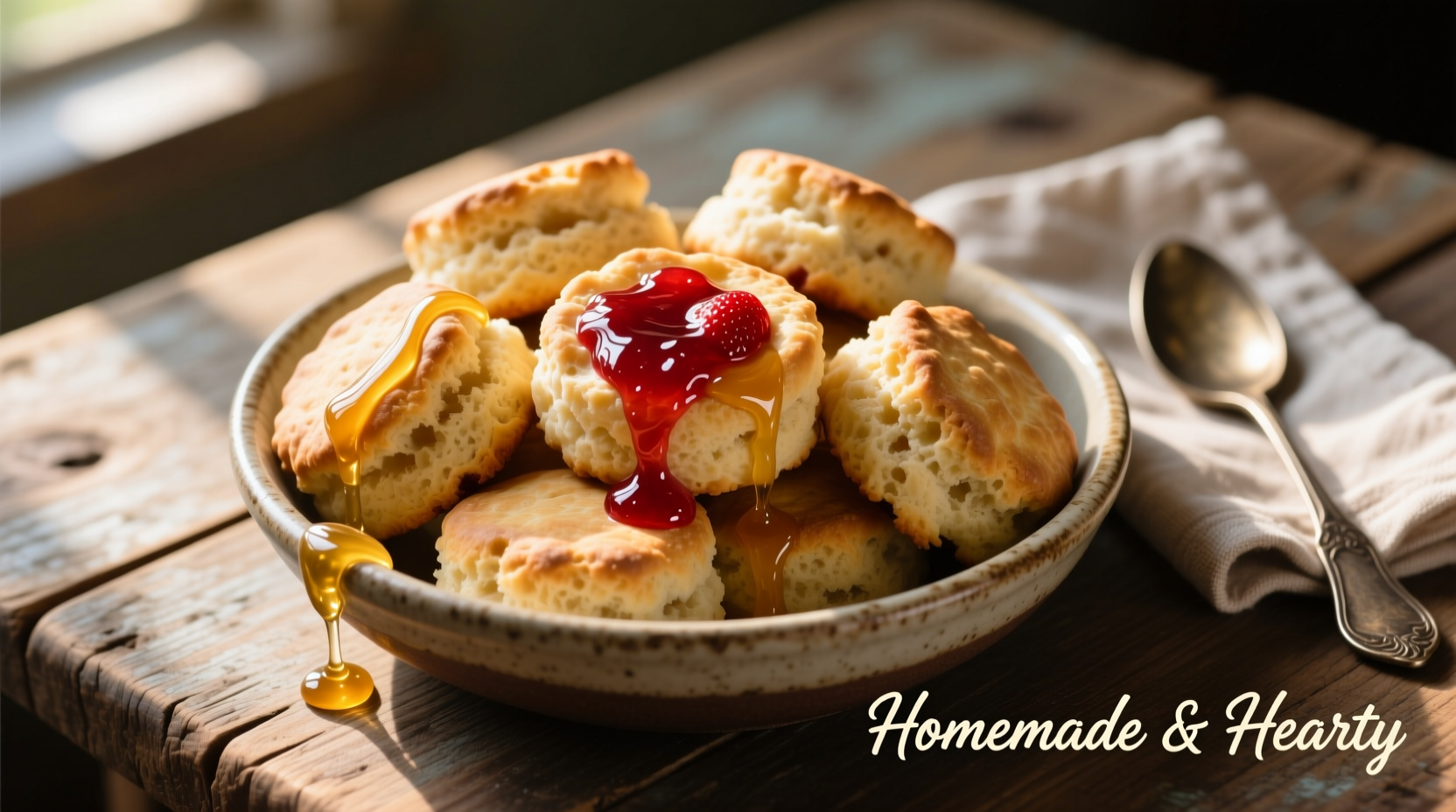 Fresh homemade drop biscuits with honey and jam