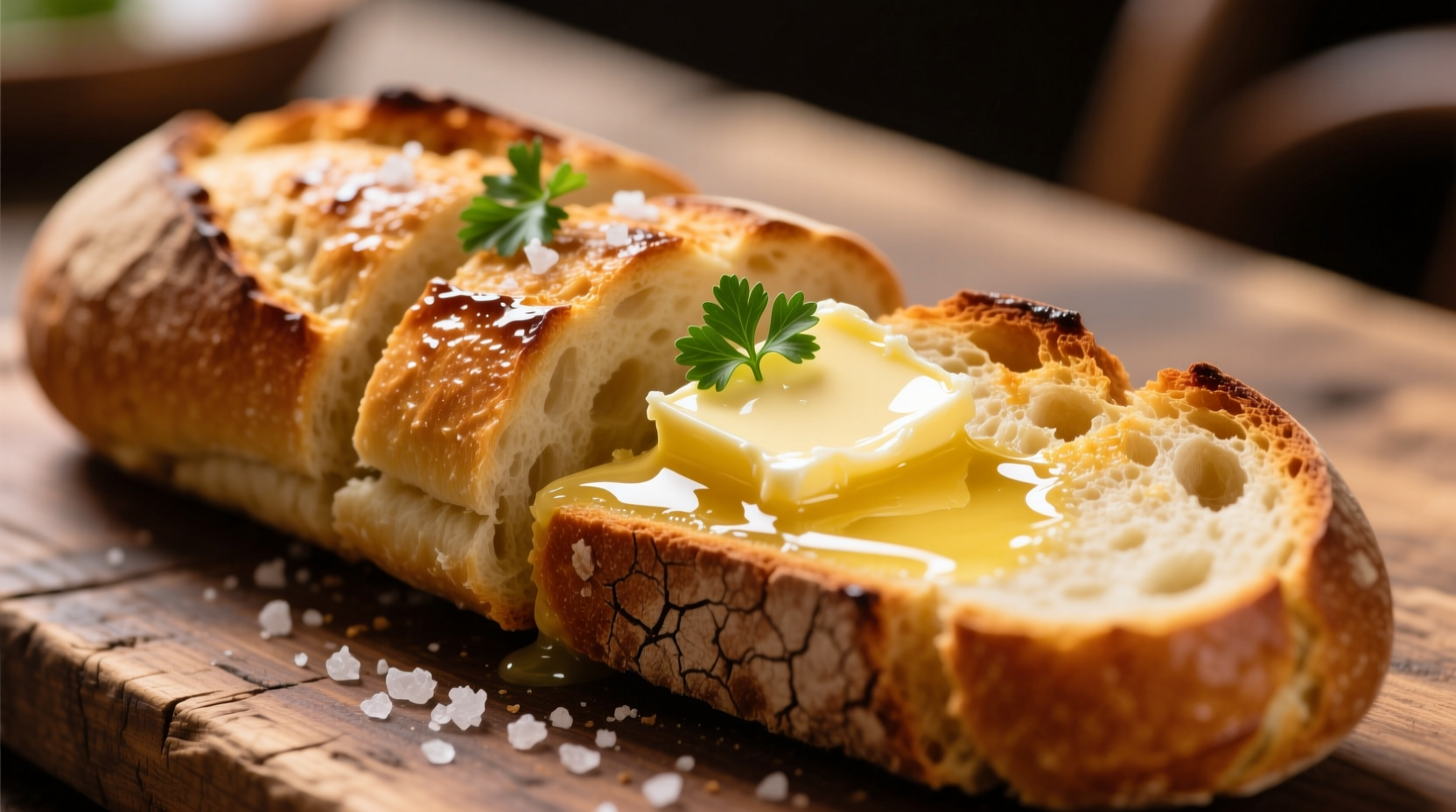Golden brown garlic bread with melted butter pooling