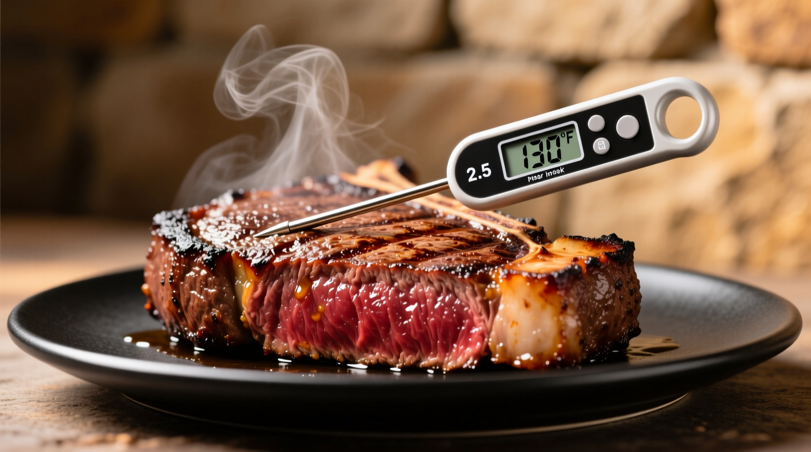 Perfectly seared ribeye steak with thermometer