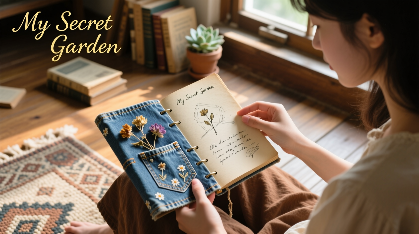 Teen flipping through handmade denim pocket journal