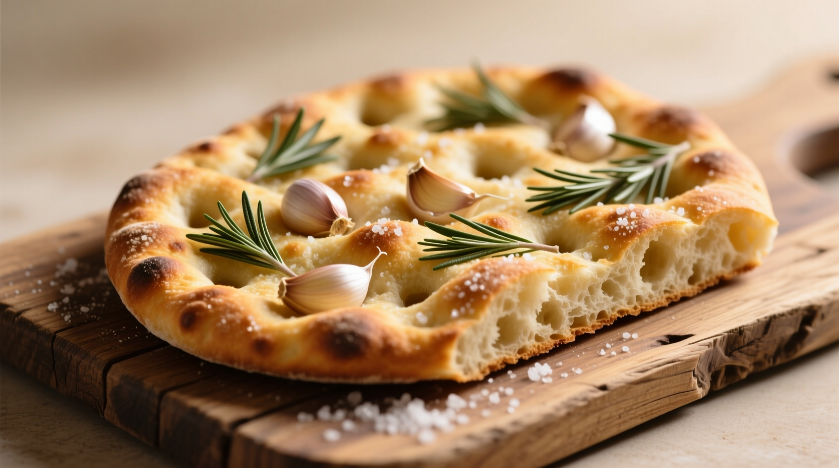 Golden garlic and rosemary focaccia bread on wooden board