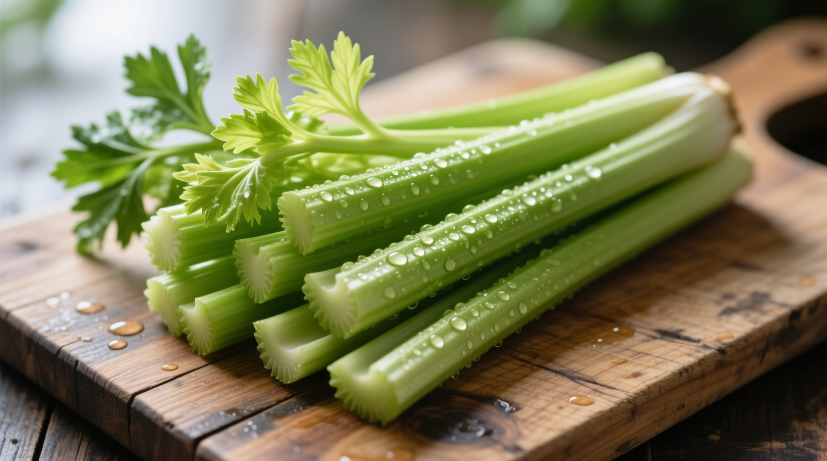 Fresh green celery stalks on wooden cutting board