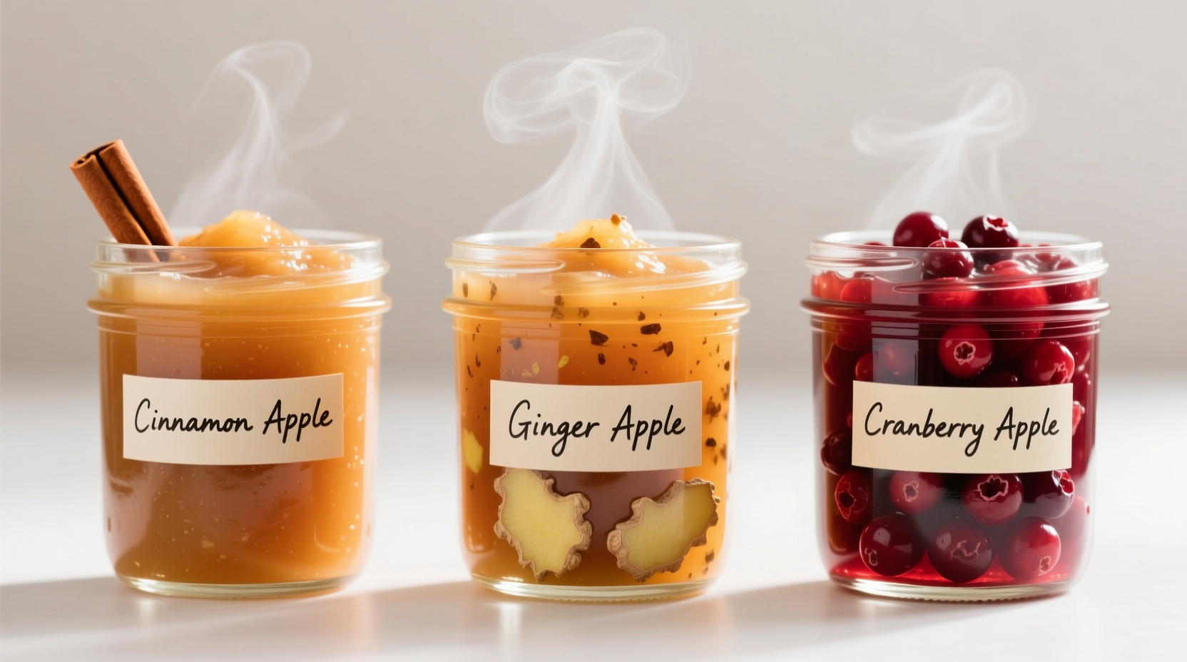 Three variations of homemade apple sauce in clear glasses