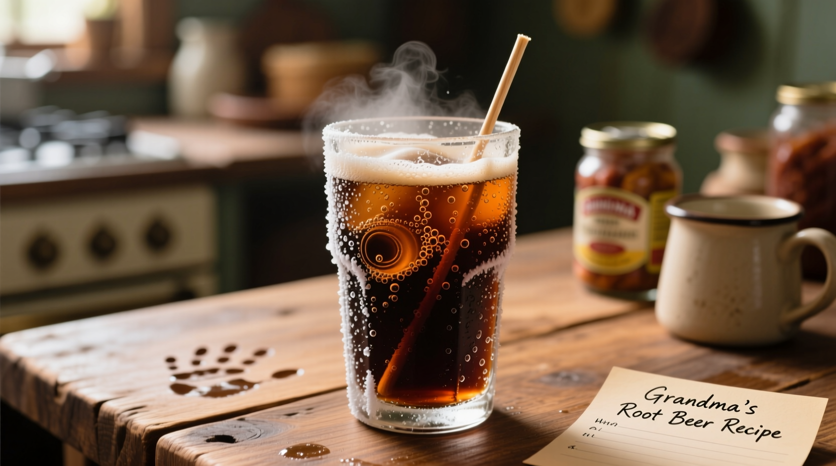 Glass of homemade root beer with condensation