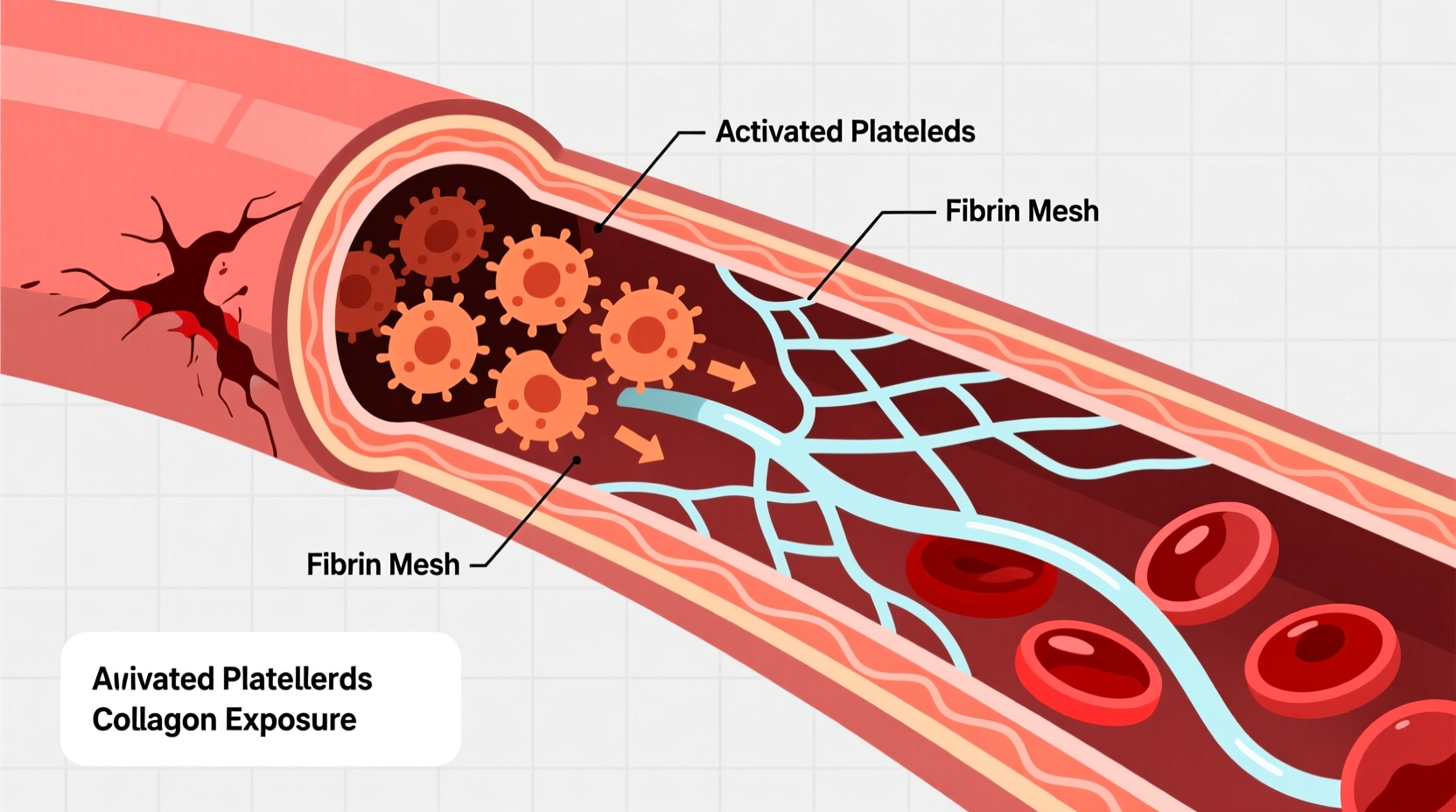 Blood clotting process diagram showing platelets and fibrin