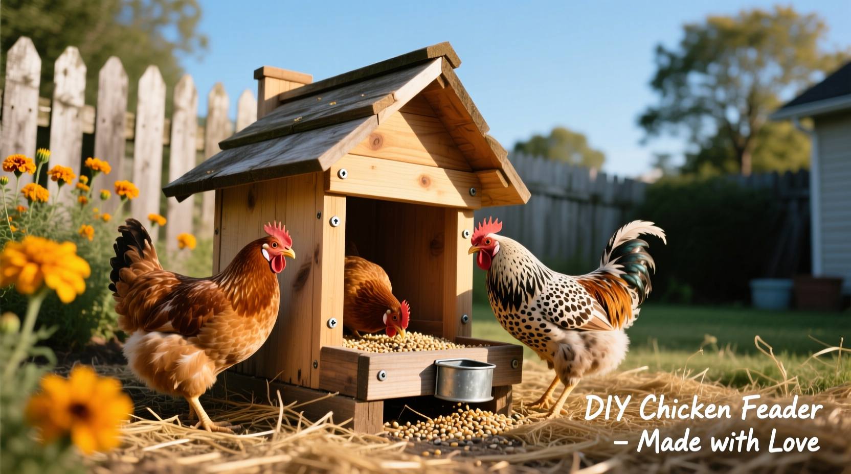 Completed DIY wooden chook feeder with chickens eating