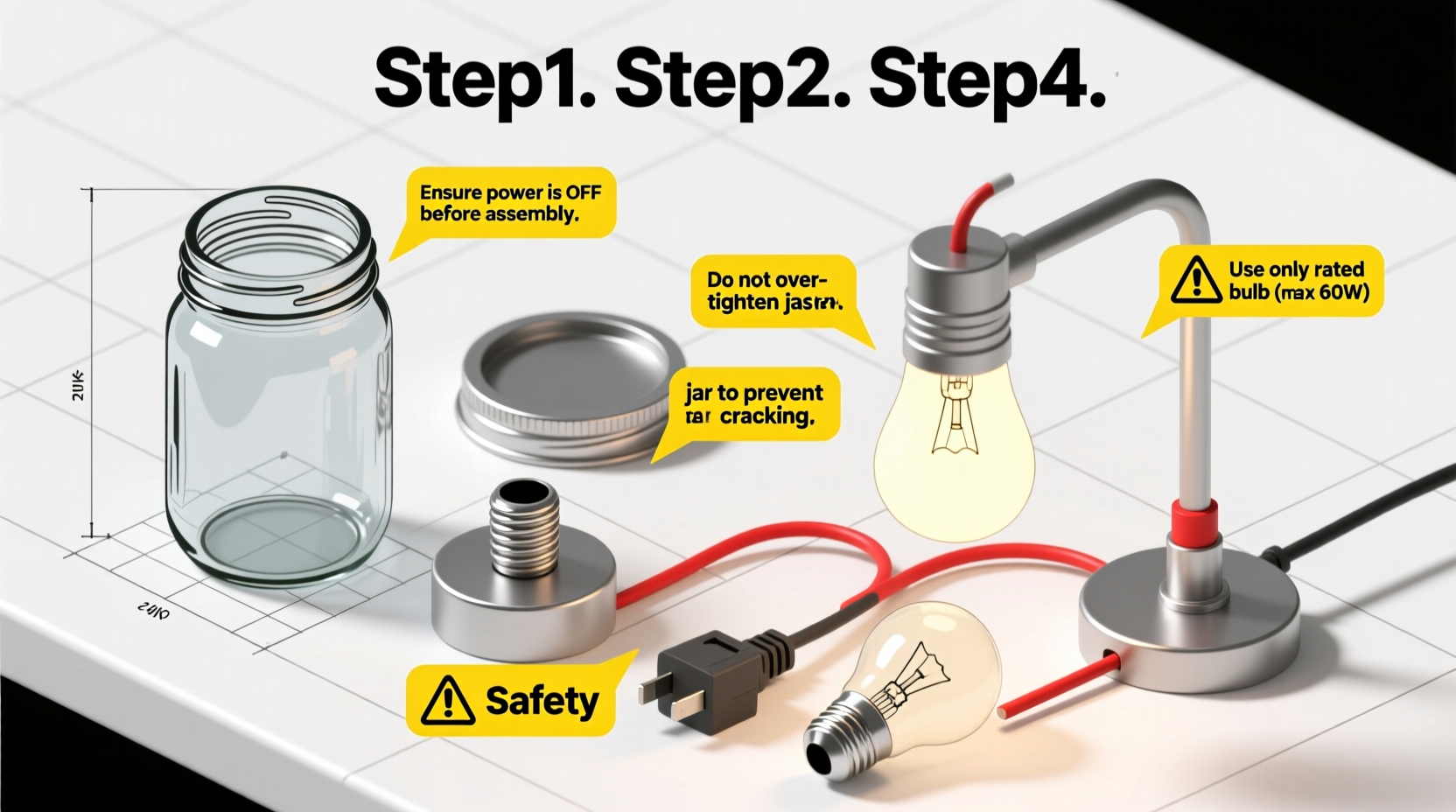Mason jar lamp assembly sequence with safety annotations