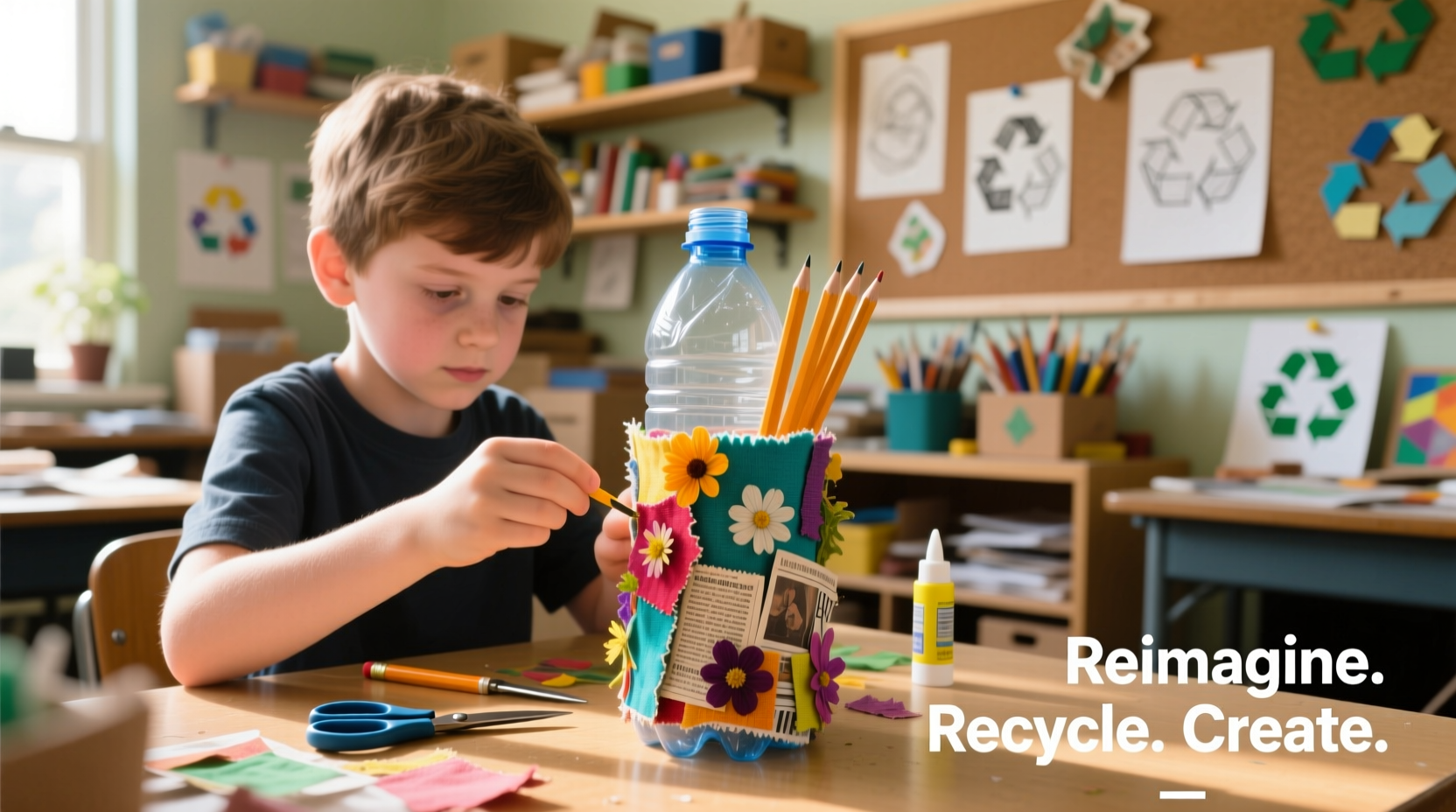 Student creating upcycled pencil holder from plastic bottle