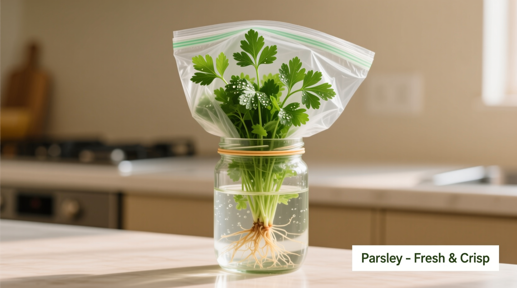 Fresh parsley stored upright in glass with water and plastic bag