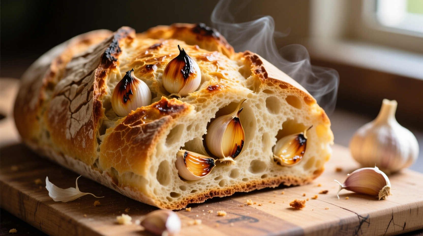 Golden roasted garlic sourdough loaf with visible garlic pieces