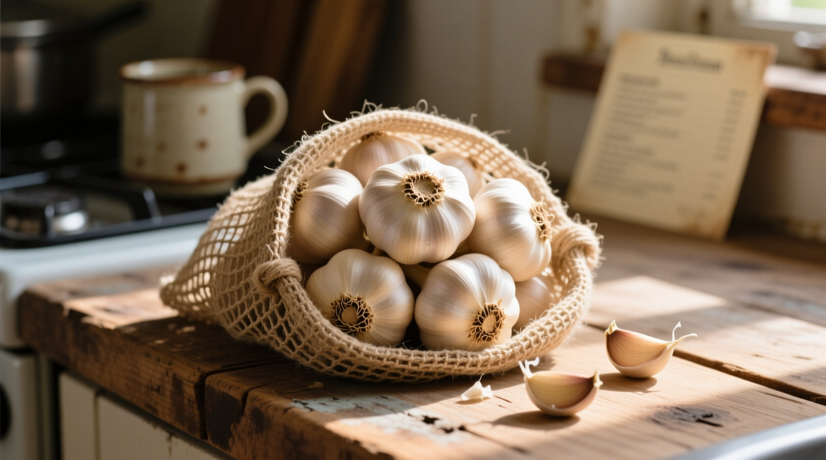Garlic bulbs stored in mesh bag on wooden kitchen counter