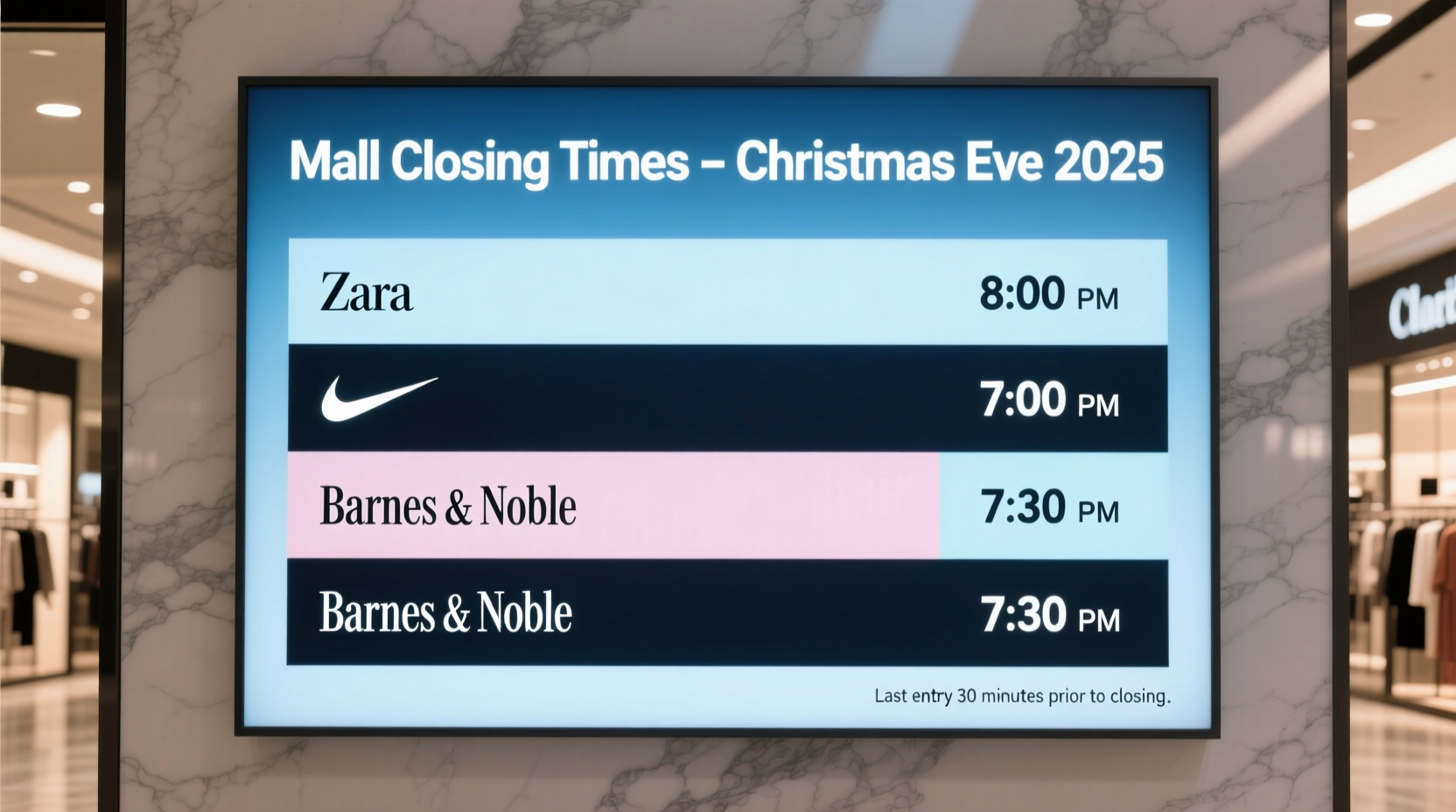 what time does the mall close christmas eve
