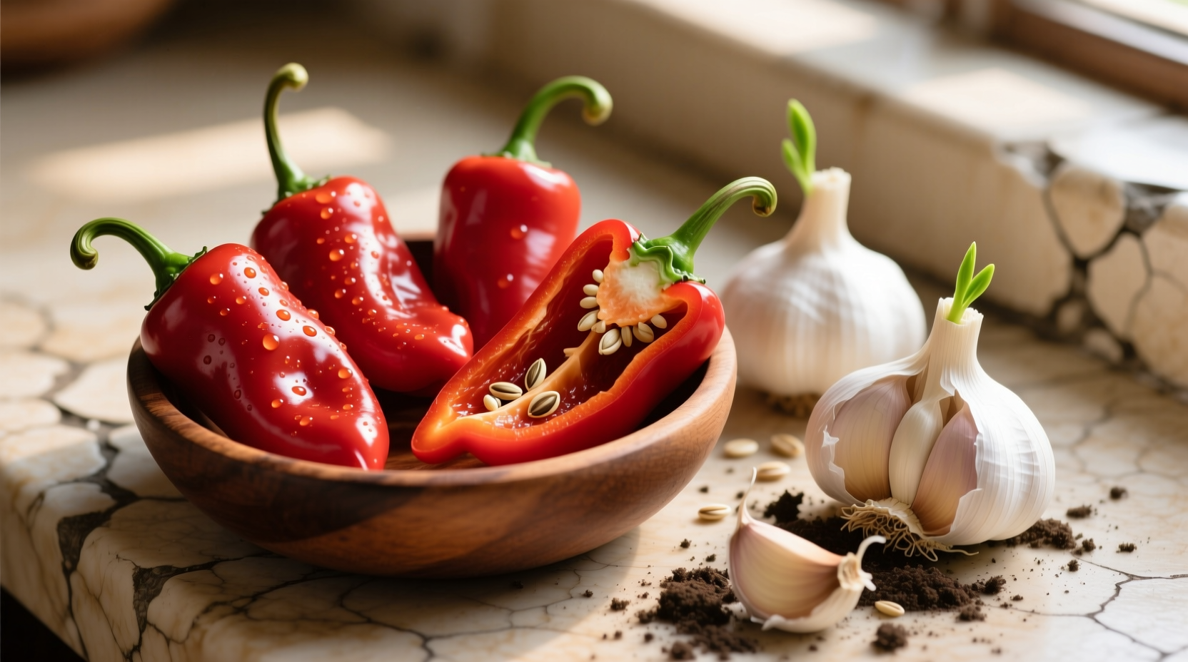 Fresh red jalapeños and garlic cloves for homemade sriracha