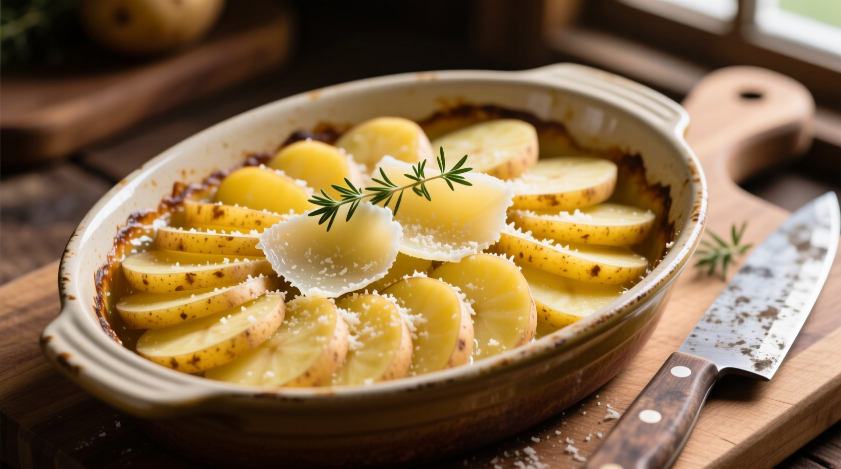 Yukon Gold potatoes sliced for scalloped potatoes preparation