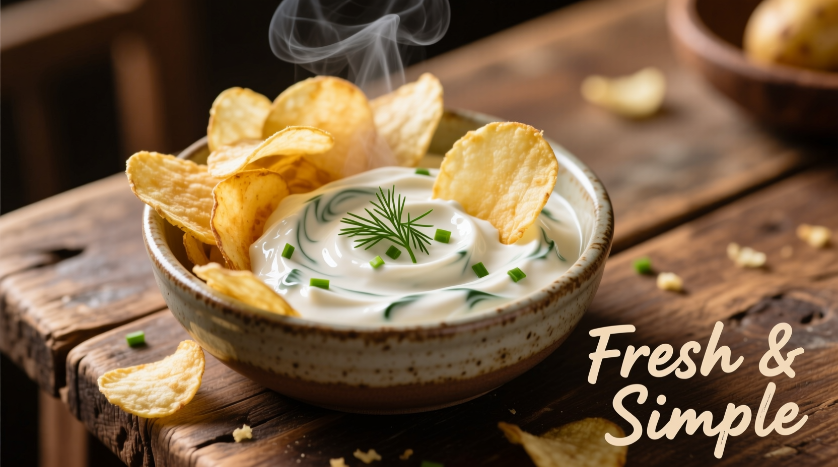 Homemade sour cream dip with potato chips in bowl