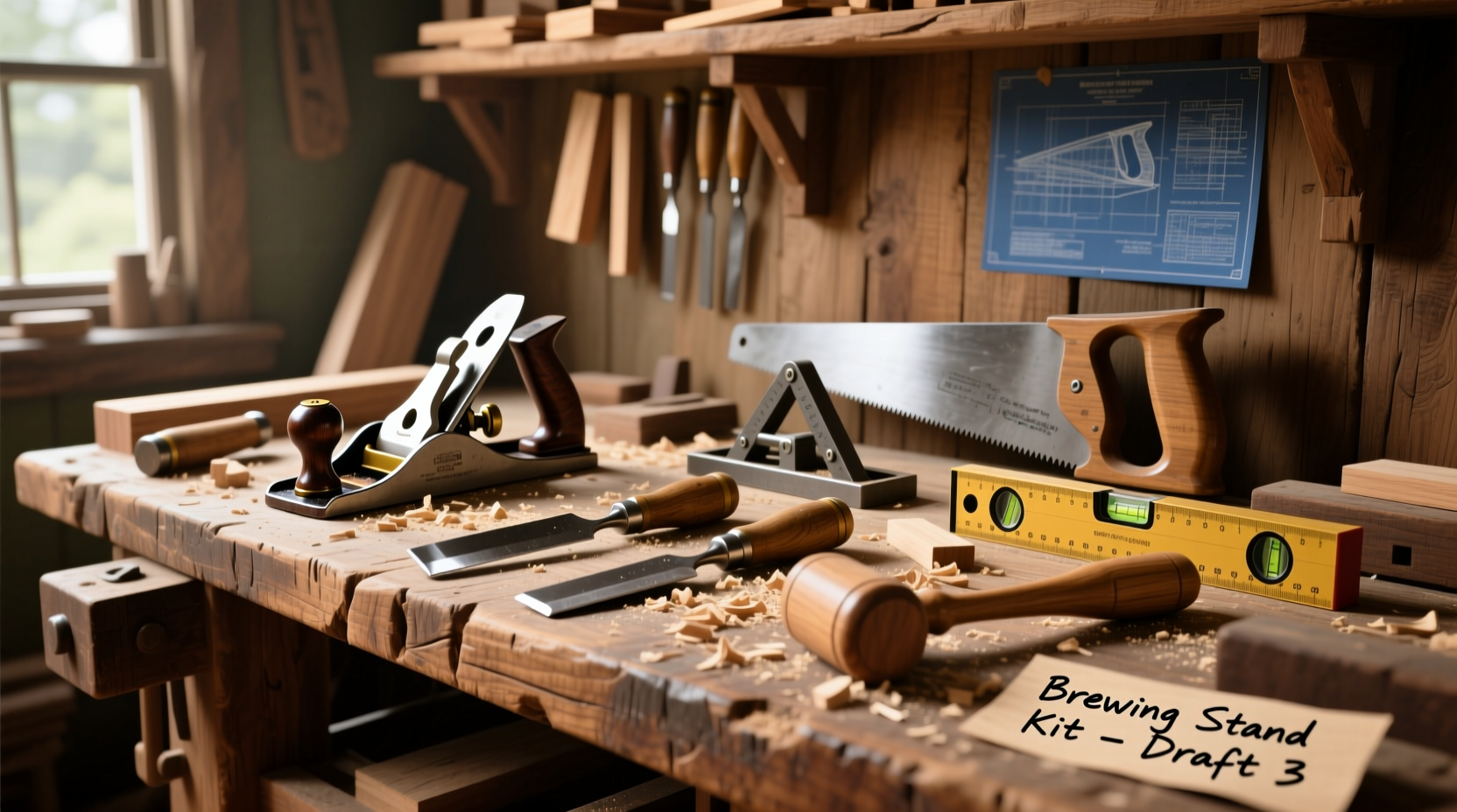 Woodworking tools laid out for brewing stand construction