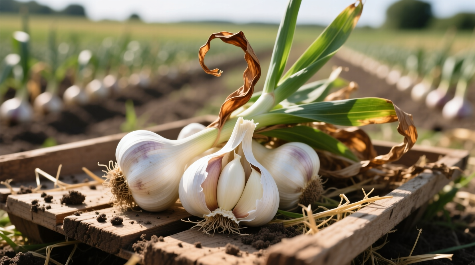 Garlic bulbs with partially browned leaves ready for harvest