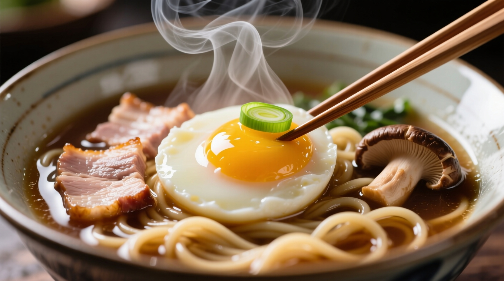 Close-up of perfectly cooked soft-boiled egg resting in steaming ramen broth with visible yolk gradient