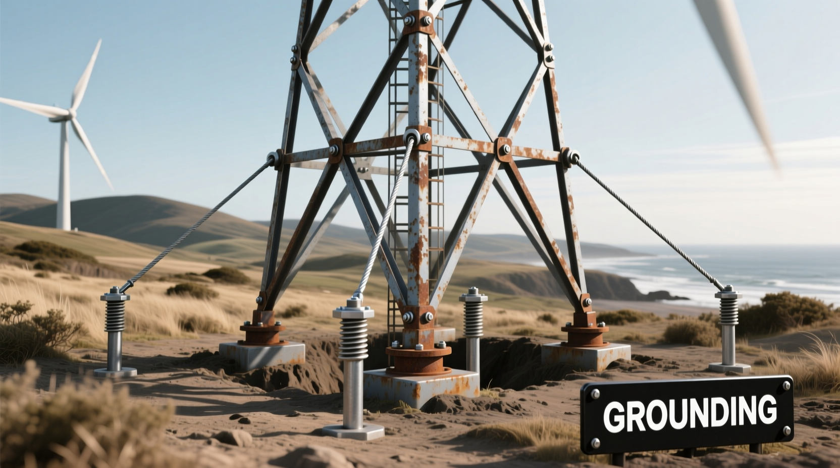 Properly guy-wired wind turbine tower with grounding rod