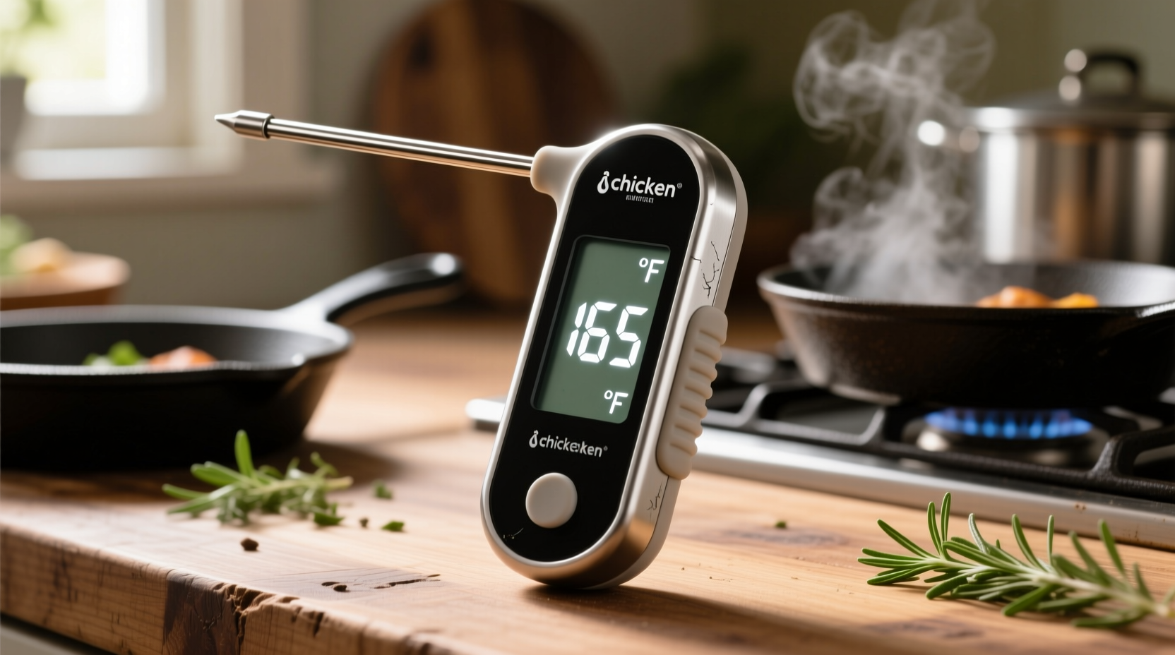 Chicken cooking thermometer showing 165 degrees
