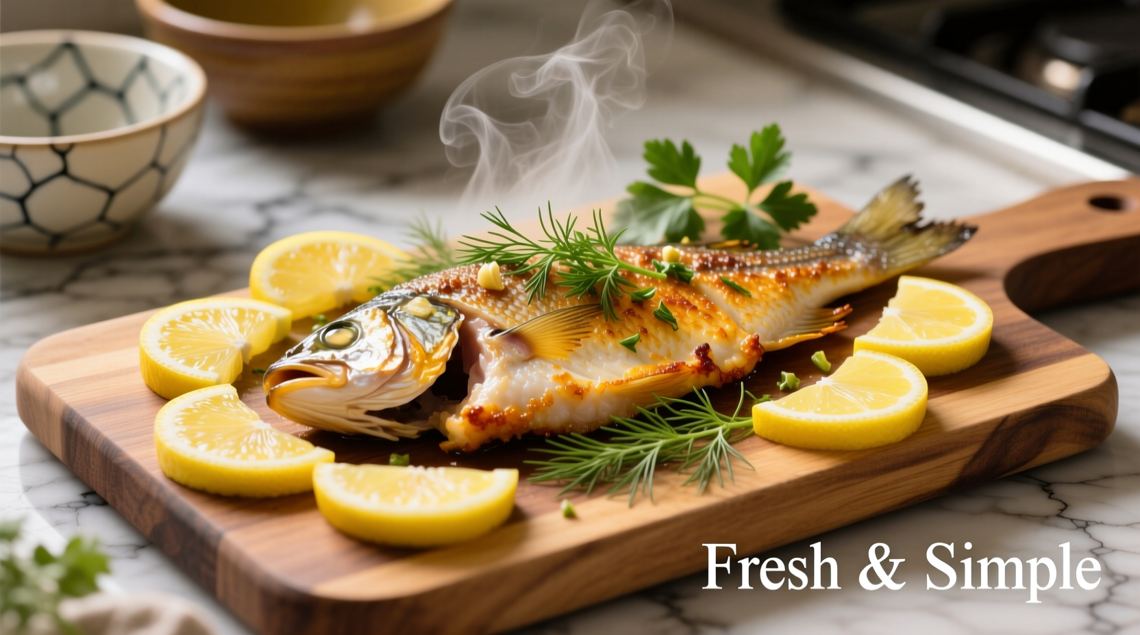 Perfectly cooked lemon garlic tilapia fillet with lemon slices and fresh herbs