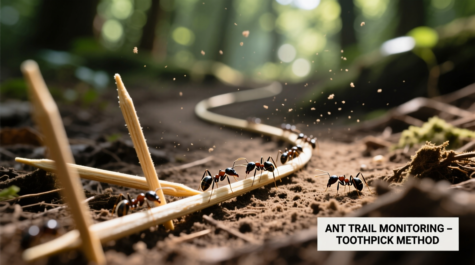 Toothpicks marking ant trails for effectiveness monitoring