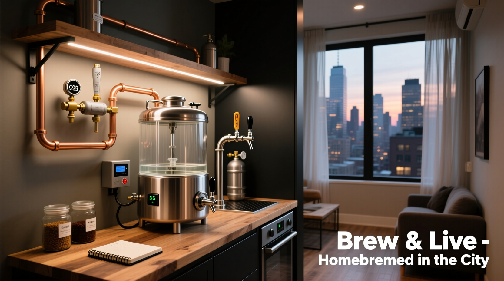Compact home brewery setup in urban apartment