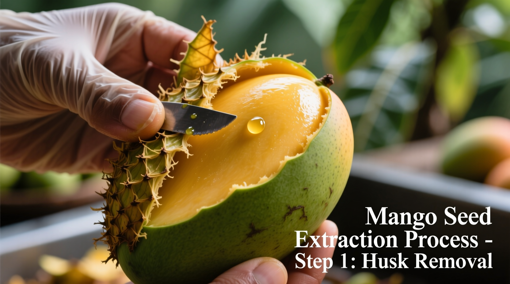 Mango seed extraction process showing husk removal