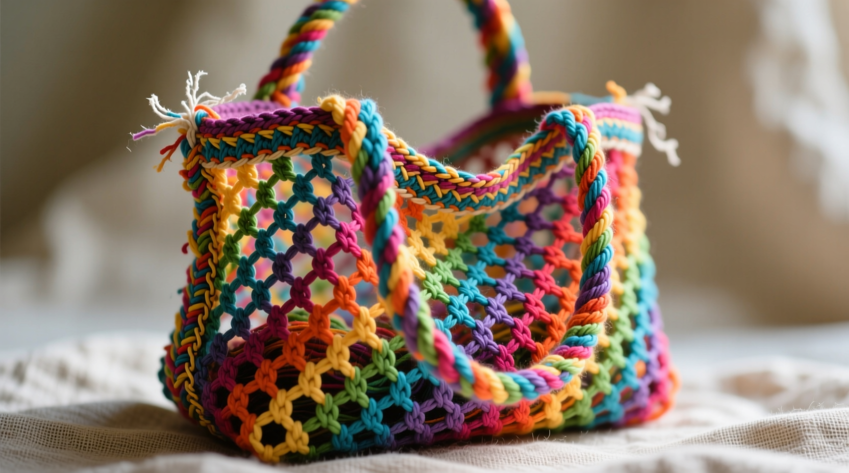 Colorful mesh craft bag made with plastic canvas and yarn