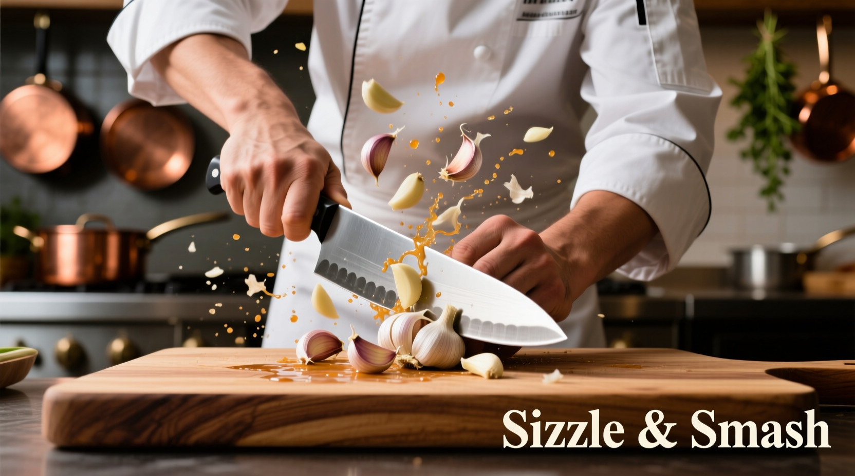Chef smashing garlic cloves with knife
