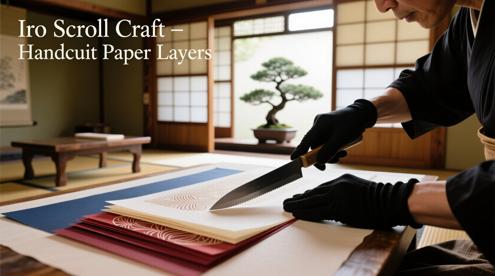 Hand cutting paper layers for traditional iro scroll craft