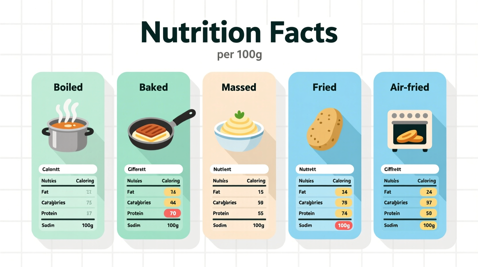 Nutrition facts of different potato preparations side by side