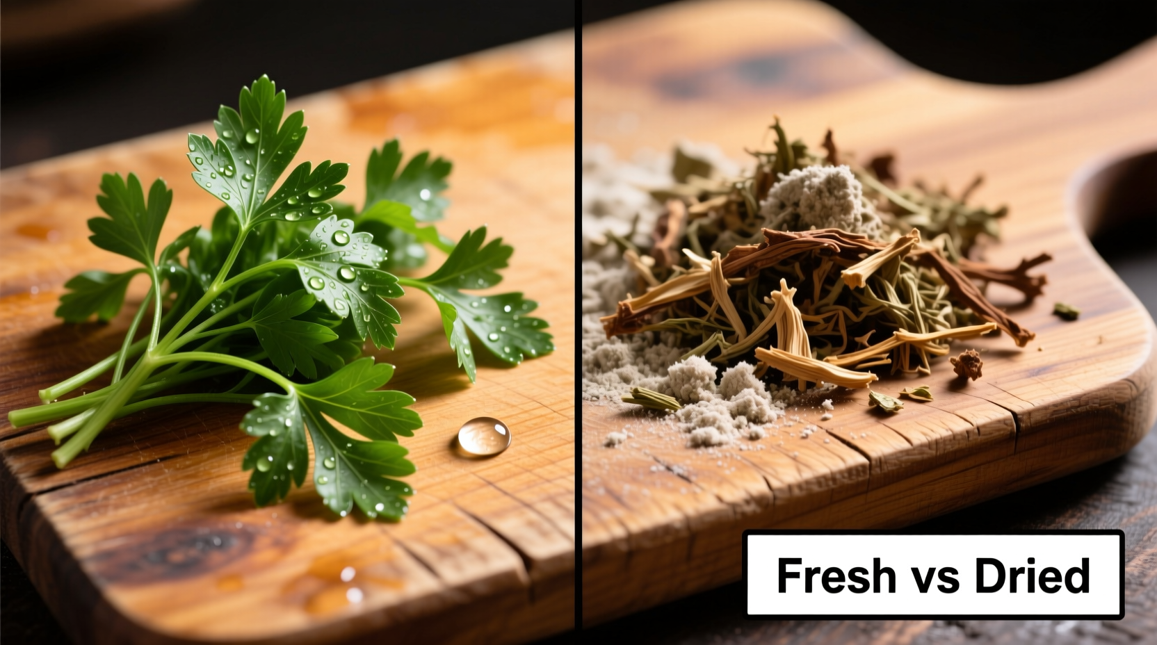 Fresh and dried parsley comparison on wooden cutting board
