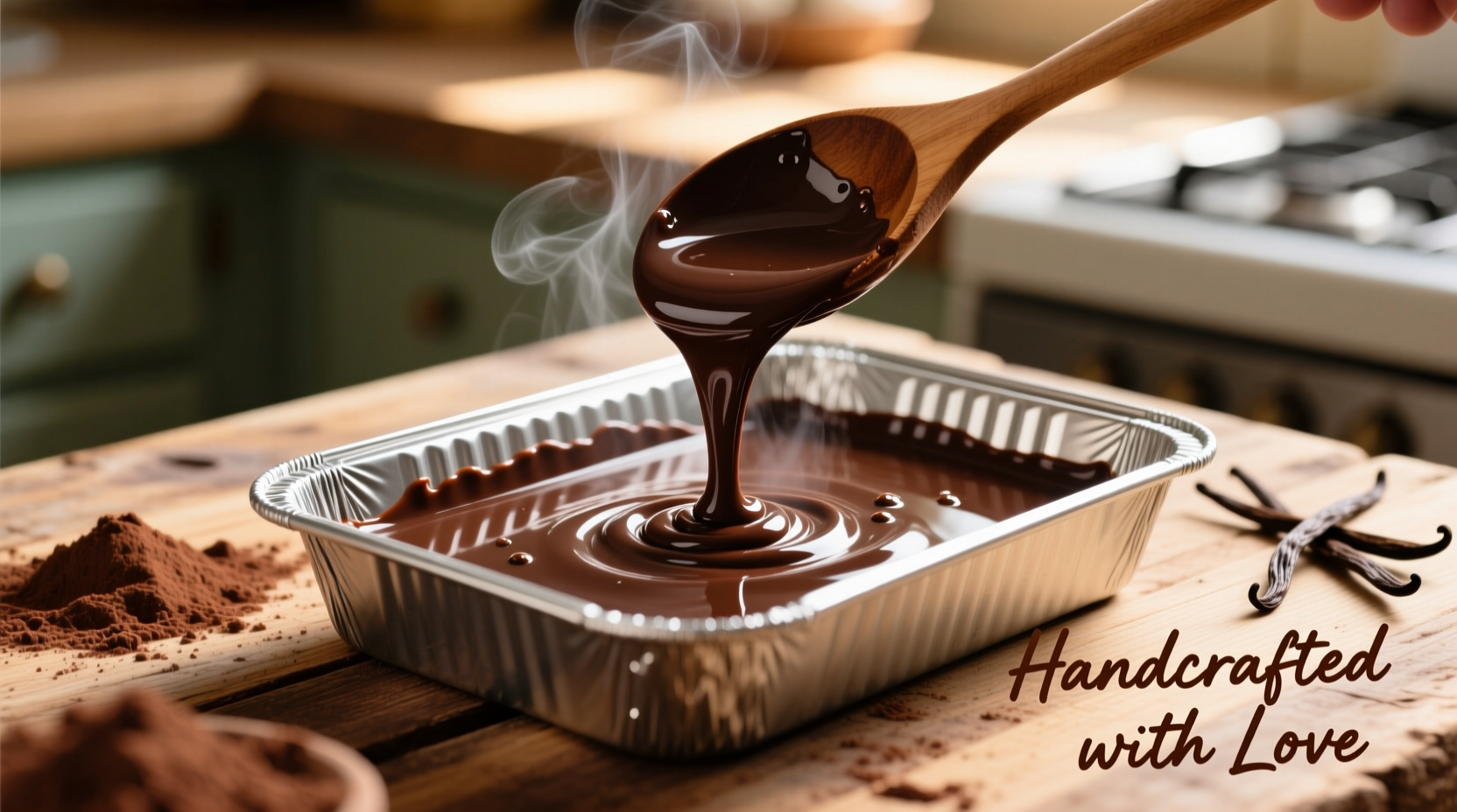 Homemade fudge being poured into baking pan with wooden spoon