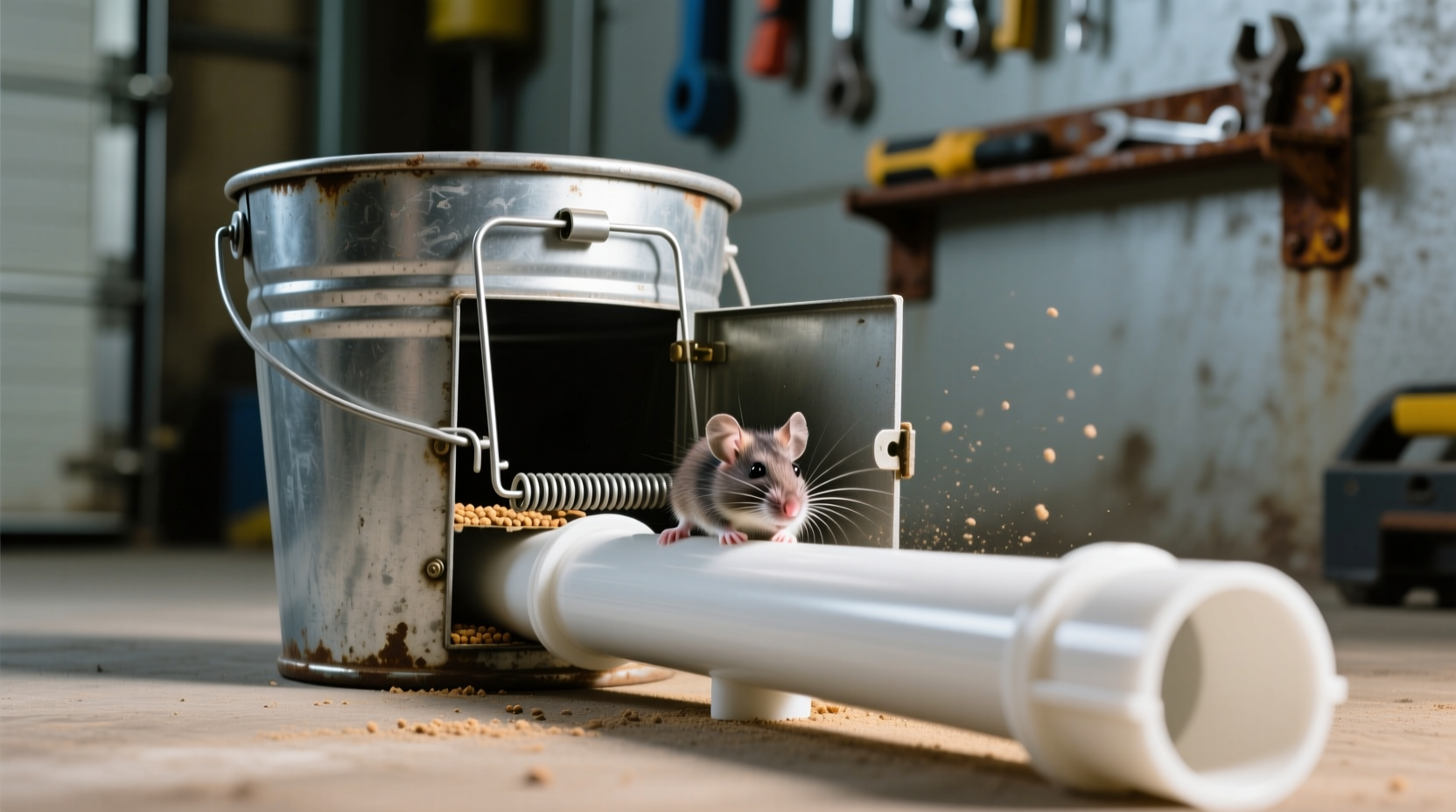 Bucket rodent trap setup with PVC pipe runway