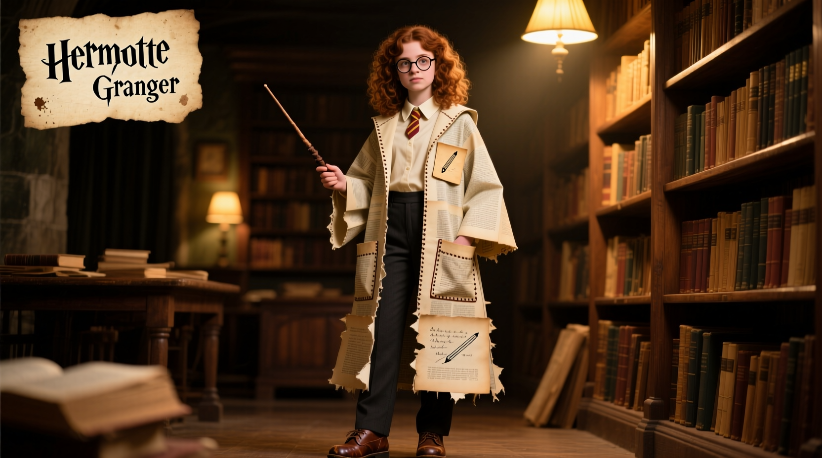 Hermione Granger DIY costume with book pages visible in pockets