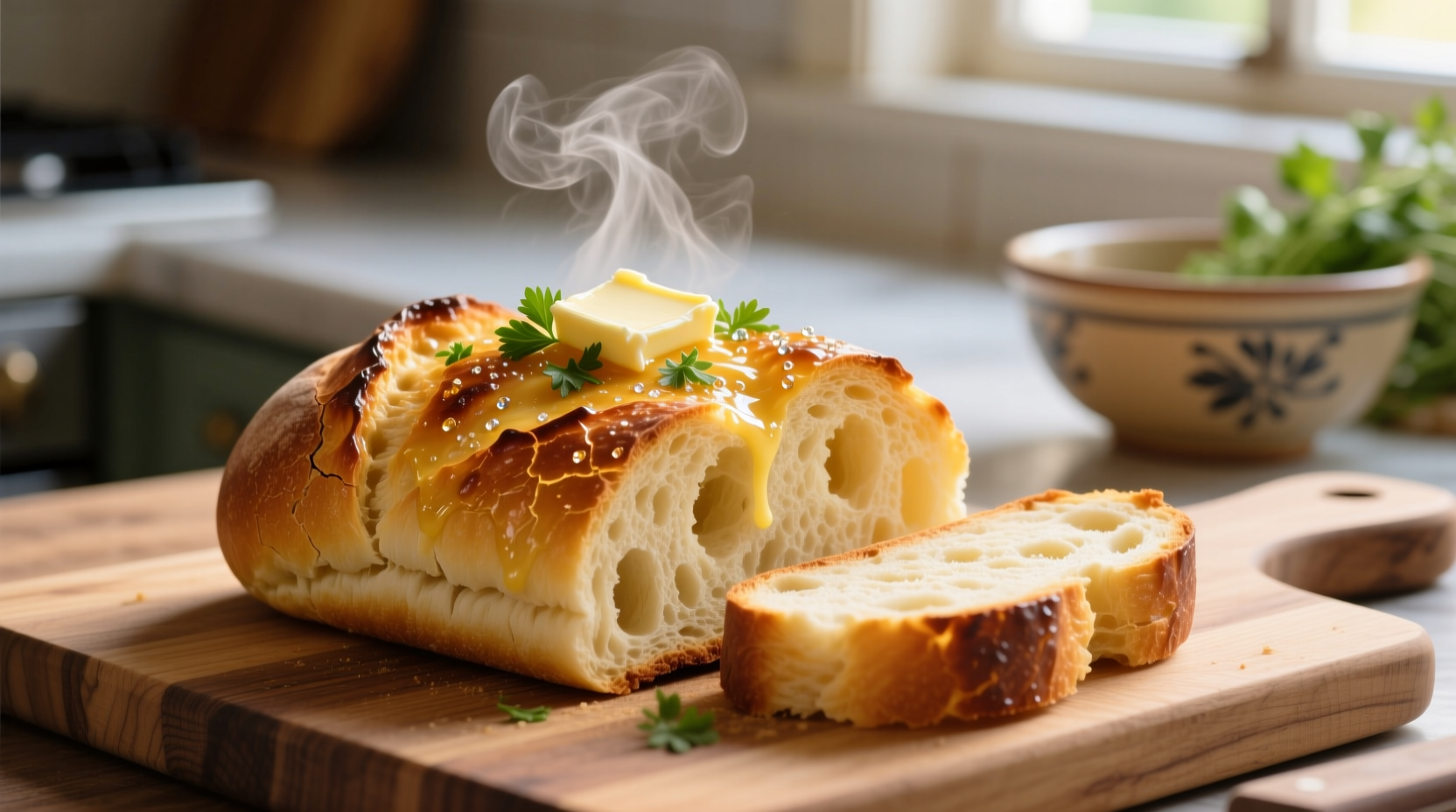 Perfectly golden garlic bread fresh from the oven