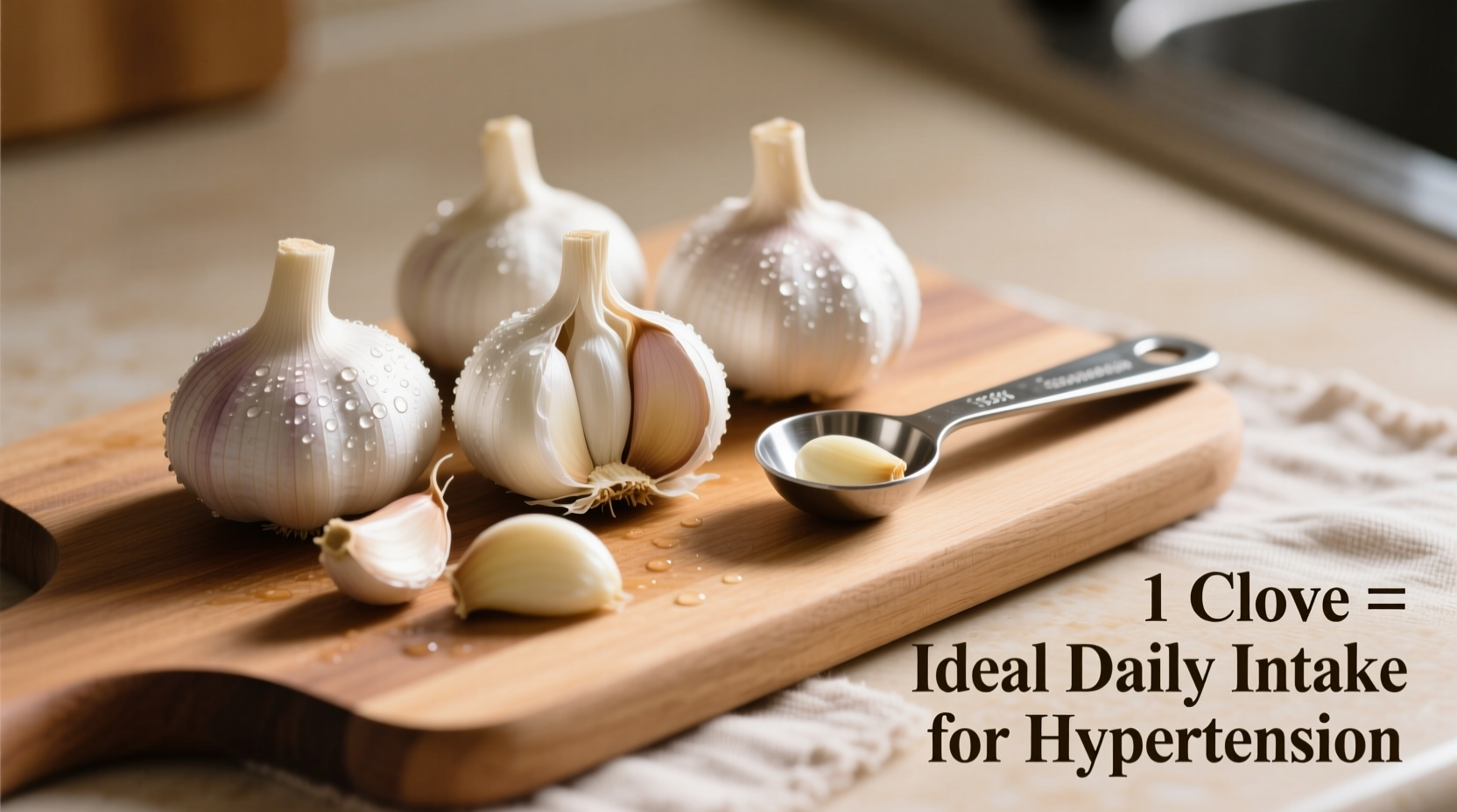 Fresh garlic cloves with measuring spoon for hypertension